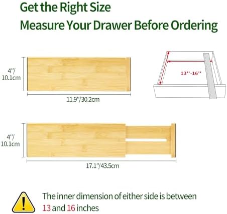 VaeFae 3 Pack Bamboo Drawer Dividers, 4" High Adjustable 11.9-17.1" Clothes Drawer Organizers, Expandable Separators for Bedroom/Bathroom/Kitchen/Office Storage