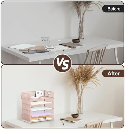 SUPEASY 2 Pack 5-Tier Pink Desk Organizer with Handle Mesh Desk File/Paper Organizer Letter Tray for Office, School and Home Easy Installation, Rosepink