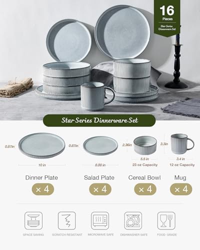 Famiware Star Dinnerware Sets with Mugs, Ceramic Plates and Bowls Set for 4