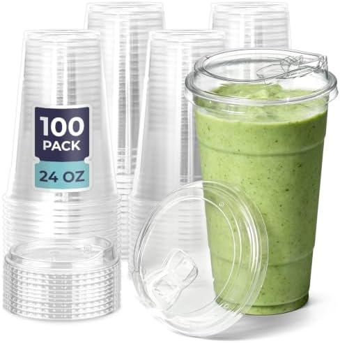 Fit Meal Prep 100 Pack 24 oz Clear Plastic Cups with Strawless Sip Lids, Disposable Plastic Coffee Cups with Lids, To Go Cups for Iced Coffee, Smoothies, Soda, Party Drinks, Bubble Tea, Cold Beverage