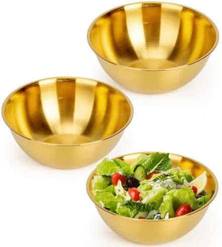 3-Piece Stainless Steel Golden Mixing Bowls (2.2Qt) Metal Bowl Set with Measurement Marks, Dishwasher Safe & Stackable - Perfect for Baking, Salad Making, Meal Prep