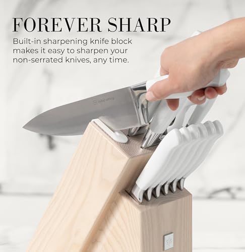 Styled Settings White Knife Set with Block and Sharpener, 14-Piece