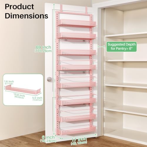 SNTD 8 Tiers Over the Door Organizer, 17" W x 6" D x 69" H, Pink