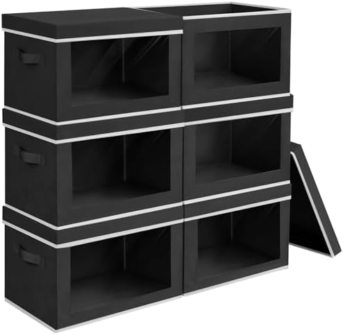 Homsorout Large Storage Bins with Lids - Fabric Storage Cubes with Window, Collapsible Bins for Clothes, 15.7 Inch Large Baskets for Bedroom, Dorm, Office, Black, 6 Pack