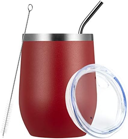 MEWAY Stemless 12oz Wine Tumbler Glasses with Lid -Insulated Double Wall Vacuum Stainless Steel Travel Tumbler with Straw,for Woman Under 10 dollars (Red,1)