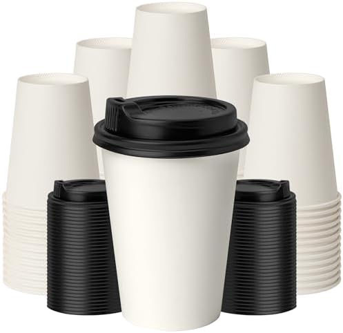 12 oz Coffee Cups with Lids 100 Pack, White Leak-Proof Disposable Coffee Cups for Hot/Cold Beverages, Party Supplies, To-Go Paper Cups for Coffee, Tea, Office, Picnic