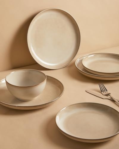 Pokini Stoneware Dinnerware Sets for 4, 12pcs Plates and Bowls Sets Dishes
