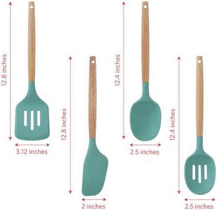 Glad Silicone Kitchen Utensils Set, 8pcs - Nonstick Cooking Tools with Wooden Handles and Utensil Holder - Spatula Set with Turner, Ladle, Spoons, Tongs, and Spaghetti Server - Teal Green
