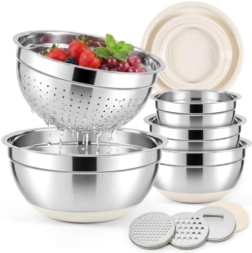 Fire More Mixing Bowls with Airtight Lids Set, Stainless Steel Salad Bowls with Non-Slip Silicone Bottoms, 8PCS Nesting Kitchen Bowls with Colander,Grater Attachments, for Mixing Cooking Prep