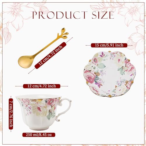 TATSUMI Country Roses Bone China Tea Cup and Saucer Set, 3 Pieces, Vintage Style, For Women and Tea Parties(Pink,1 Set)
