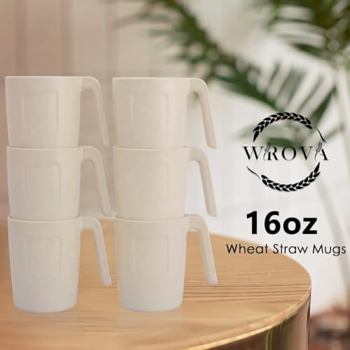Wrova 16oz Wheat Straw Cups with handles set of 6-Plastic Cups Reusable-Unbreakable Kids Mugs-Dishwasher Safe & Microwave Safe-Ideal Plastic Mugs for Tea,Coffee,Camping,RV-Beige