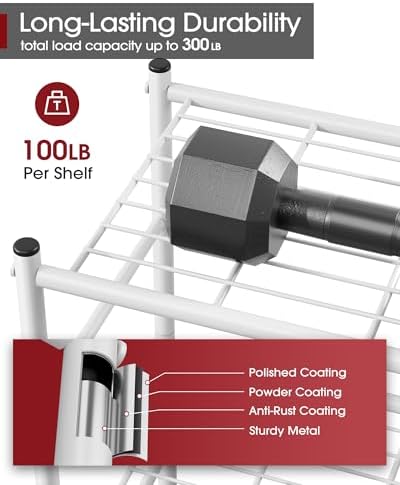 Sakugi 3-Tier Metal Storage Shelves Adjustable Feet, 18"x12"x30", White