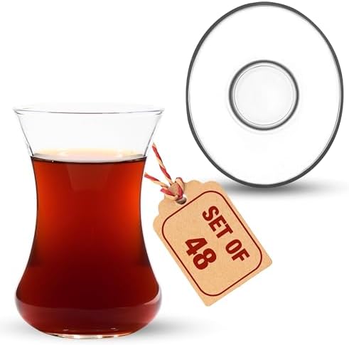 Tea Glass Set of 48 with Saucers, Slim Waist Design & Thick Base
