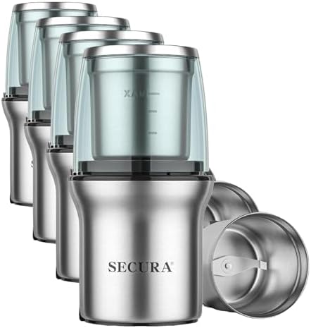 Secura Electric Coffee Grinder and Spice Grinder with Stainless Steel Blades, 1 Removable Bowl, Stainless (Pack of 4)