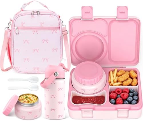 Kids Bento Lunch Box with Food Jar, Water Bottle, Lunch Bag, Bow