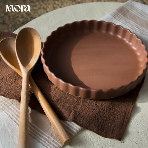 MORA Ceramic Tart Pan, 9.5 Inch Large Porcelain Baking Dish for Tarts, Quiche, Pie, Flan etc. Fluted Ruffled Edge, Oven, Microwave, Freezer, and Dishwasher safe - Great Gift For Bakers - Terracotta