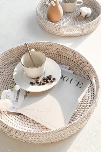 HITOMEN 14.2" Hand-Woven Round Rattan Serving Tray Decorative Ottoman Wicker Platter with Handles for Coffee Table, Breakfast, Drinks, Snack, Bread, Fruit, Vegetables (Whitewash-L)