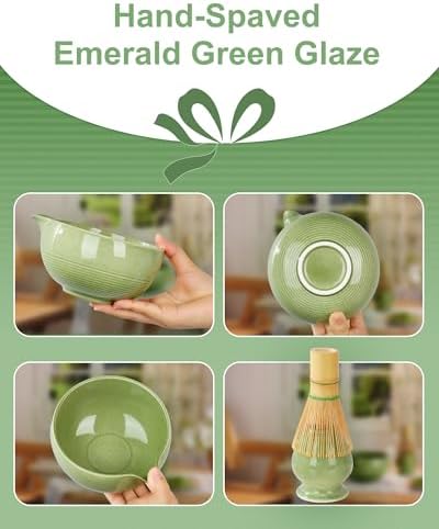 ZENS Matcha Whisk Set, 5pcs Matcha Kit Set Includes Emerald Green Bowl, Handcrafted Bamboo Whisk and Chasen Holder, Scoop & Tea Mat, Matcha Tea Ceremony Gift for Matcha Lovers