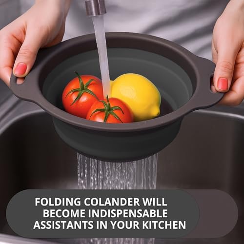 Small Food Strainer for Kitchen - Black Silicone Colander with Handle for Spaghetti and Pasta Multifunctional Colander for Camping