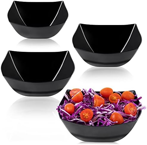 PLASTICPRO Disposable Square Serving Bowls, Party Snack or Salad Bowl, Plastic Black Pack of 4, 16 OUNCE, Black
