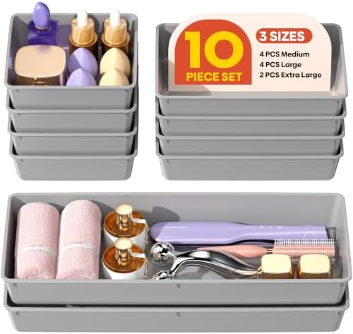 10 Pack Large Size Plastic Drawer Organizers Set, 3 Sizes Desk Drawer Organizer Trays, Storage Bins for Vanity, Makeup, Bathroom, Kitchen Utensils and Office (Gray)