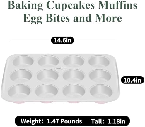 Nonstick Ceramic 12 Cup Muffin Pan, Cupcake Pan for Baking, Non-Toxic Muffin tin, Ceramic Coating, PTFE & PFOA Free, Oven Safe 550°F, Aluminized Steel (Pink)