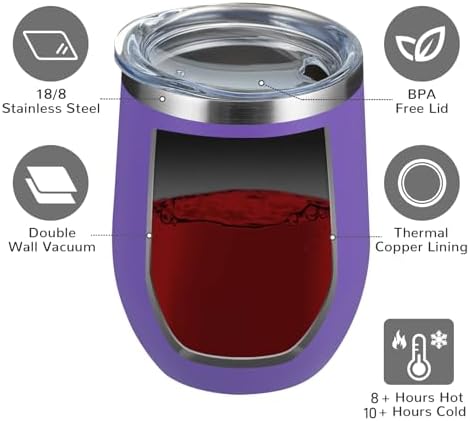 MEWAY 12oz Wine Tumbler 16 Pack Bulk Gifts for Women,Double Wall Vacuum Stainless Steel Travel Mug with Lid,Insulated Stemless Wine Cup Glass for Coffee,Cocktails,Drinks(Purple,Set of 16)