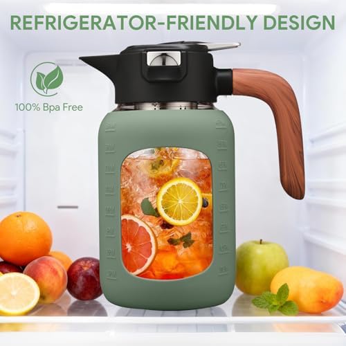 64 oz Glass Pitcher with Lid and Handle, Glass Carafe/Jug for Hot/Cold Water, Large Iced Tea Pitcher for Coffee, Juice and Homemade Beverage