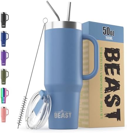 Beast 50 oz Tumbler with Handle Stainless Steel Vacuum Insulated Coffee Ice Cup Double Wall Travel Flask (Stormy Sky Blue)