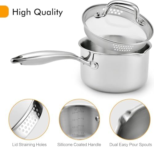 Stainless Steel Saucepan with Tempered Glass Lid, 1.0 Quart Multipurpose Cooking Pot, Sauce Pot for Easy Pour with Ergonomic Handle