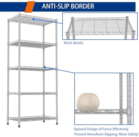 REGILLER 5-Wire Shelving Metal Storage Rack Adjustable Shelves,Standing Storage Shelf Units for Laundry Bathroom Kitchen Pantry Closet(Silver,11.8" D x 21.2" W x 53.5" H)
