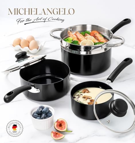MICHELANGELO Nonstick Saucepan with Lid, Ceramic Sauce Pan Sets, Easy to Clean Sauce Pans, Multi-Purpose Cooking Pots, 1QT & 2QT & 3QT, Silver