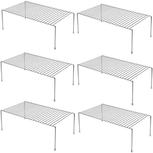 Kitchen Cabinet Shelf Organizer Set of 6, Medium (13 x 9.4 inch) Metal Wire Pantry Storage Shelves, Dish Plate Racks for Cabinets, Freezer, Counter, Cupboard Organizers and Storage, Chrome