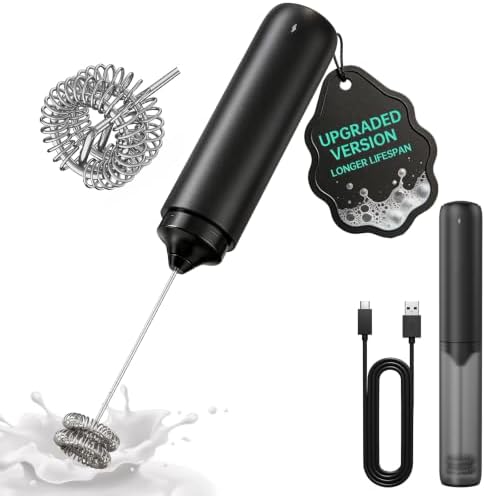 CIRCLE JOY Upgraded Rechargeable Milk Frother Handheld, Electric Drink Mixer with Silicone Charging Port Cover and Longer Dual Coil Whisk Head, Dishwasher Safe, for Lattes & More