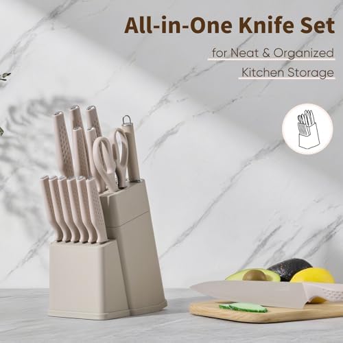 E-far Knife Set, 15-Piece Kitchen Knife Block Set with Sharpener, Khaki