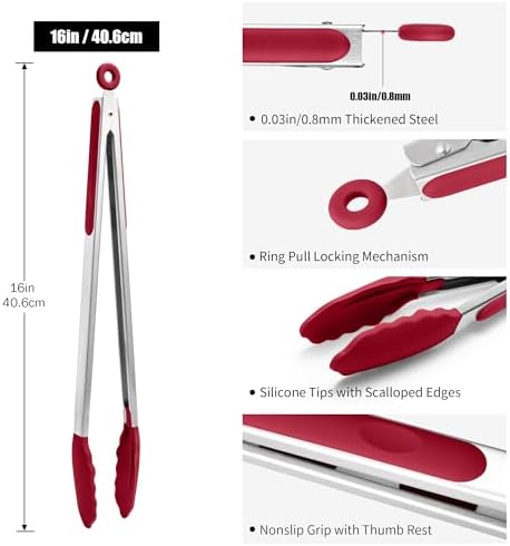 Doosu Kitchen Tongs with Silicone Tips for Cooking Serving (16in, Red)