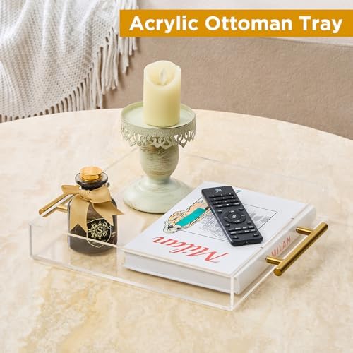 12"x12" Clear Acrylic Serving Tray with Golden Handles, Sturdy Huge Capacity Acrylic Trays for Coffee, Juice, Kitchen and Desk Organizer, Storage Tray (12"x12")