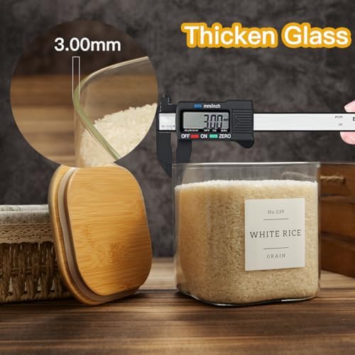 HHMJSM Large Glass Flour and Sugar Containers with 42 Kitchen Pantry Labels - 85 Oz Glass Food Storage Containers with Airtight Lids - Square Glass Jars with Bamboo Lids for Rice, Pasta, Cookies