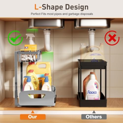 Under Kitchen Sink Organizer, Metal Pull Out Bathroom Organizers and Storage, 2-Tier Cabinet Organizer Shelf with Sliding Drawer, Home Organization for Kitchen, Laundry, Pantry, Light Grey, 2 pack