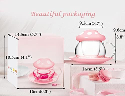 Mushroom Tea Cup Set, Cute Cups Glass Tea Cups with Infuser and Lid, Kawaii Teacup for Loose Leaf Tea Steeper, Coffee Mugs with Saucers, Blooming Tea, Tea Maker Gifts for Women Girls Birthday (Pink)