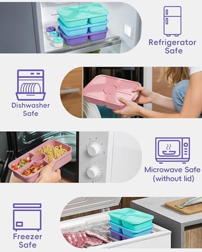 Canfanni 4 Pcs Bento Snack Box Containers, 4 Compartment Divided Stackable Food Storage Containers with Lids, Meal Prep Lunch Container with Sauce Cups