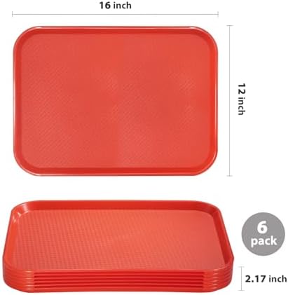 CURTA 6 Pack Plastic Serving Trays, 12x16 Inch Red Cafeteria Lunch Trays