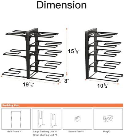 ORDORA Pots and Pans Organizer Under Cabinet 15.8", 8-Tier Adjustable Black