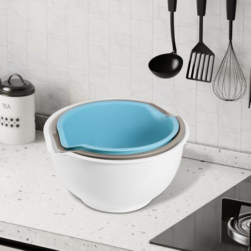 3pcs Mixing Bowls with Pour Spout-Nesting Design Saves Space - Non-Slip, BPA Free, Dishwasher Safe Plastic - Kitchen Cooking and Baking Supplies (White)