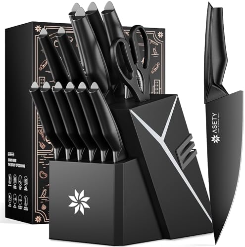 ASETY Kitchen Knife Set, 15 PCS Knife Block Set, Dishwasher Safe, Black