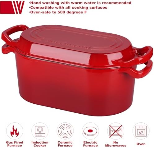 VORRINGARD Oval Dutch Oven Pot with Lid, Enamel Coating Cast Iron Bread Pans for Homemade Sourdough Bread Baking, Cooking, 4 Quart, Red