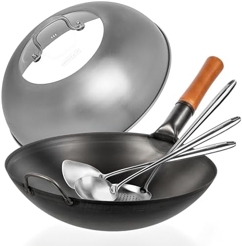 YOSUKATA Carbon Steel Wok Pan - 14 “ Woks and Stir Fry Pans PLUS 17" Wok Spatula and Ladle Skimmer Spoon PLUS Wok Lid 13.6 Inch