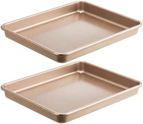 HONGBAKE 2 Pack 11 x 9 Inch Toaster Oven Pans and Trays, Small Baking Sheet Set for Cooking, Non-Stick Cookie Sheets, Heavy-Duty 0.8mm Thick, Easy to Clean, 1.26 Inch Deep, Gold