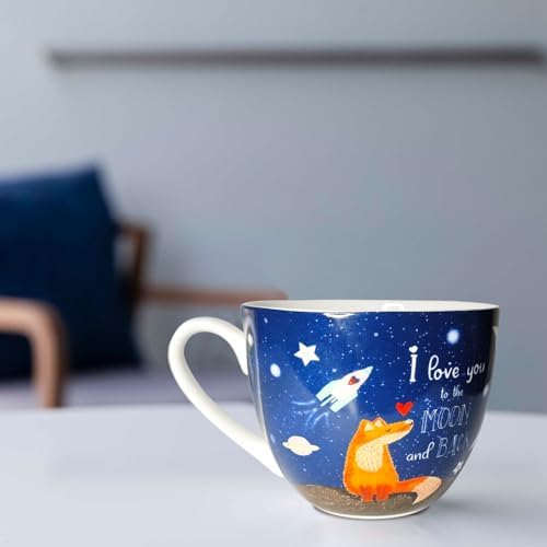 I Love You to the Moon and Back Mug, Premium 20 oz Bone China Coffee Mug, Romantic Gift for Her or Him, Valentine's Day, Anniversary, Birthday, Designed in England by Harvest Green Studio