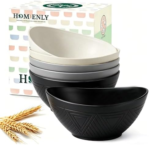 Homienly Wheat Straw Bowls 26 OZ Serving Bowls Oval Serving Dishes for Salad, Dinner, Cereal, Snack, Prep, Dessert Bowls Set Unbreakable Camping Bowls Microwave & Dishwasher Safe (6 PCS Grey Stone)